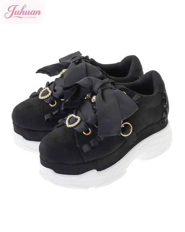Scarpe da muffin giapponesi Sweet Lolita Love Scarpe da ginnastica con plateau con fiocco in strass Scarpe casual Scarpe da studente da donna Campus Incontri giornalieri
