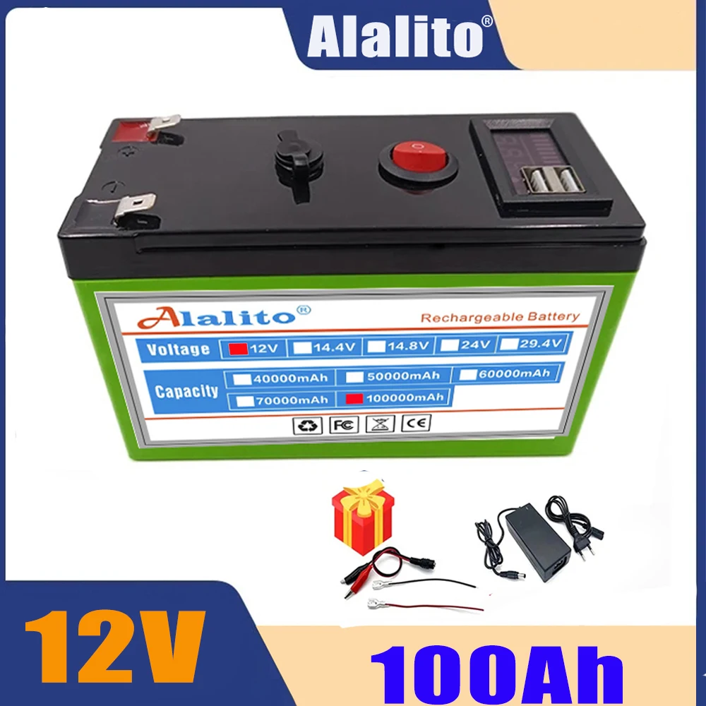 2024 batteria al litio LiFePO4 aggiornata 12V 100Ah batteria ricaricabile portatile integrata 5V 2.1A porta Display di alimentazione Usb ricarica