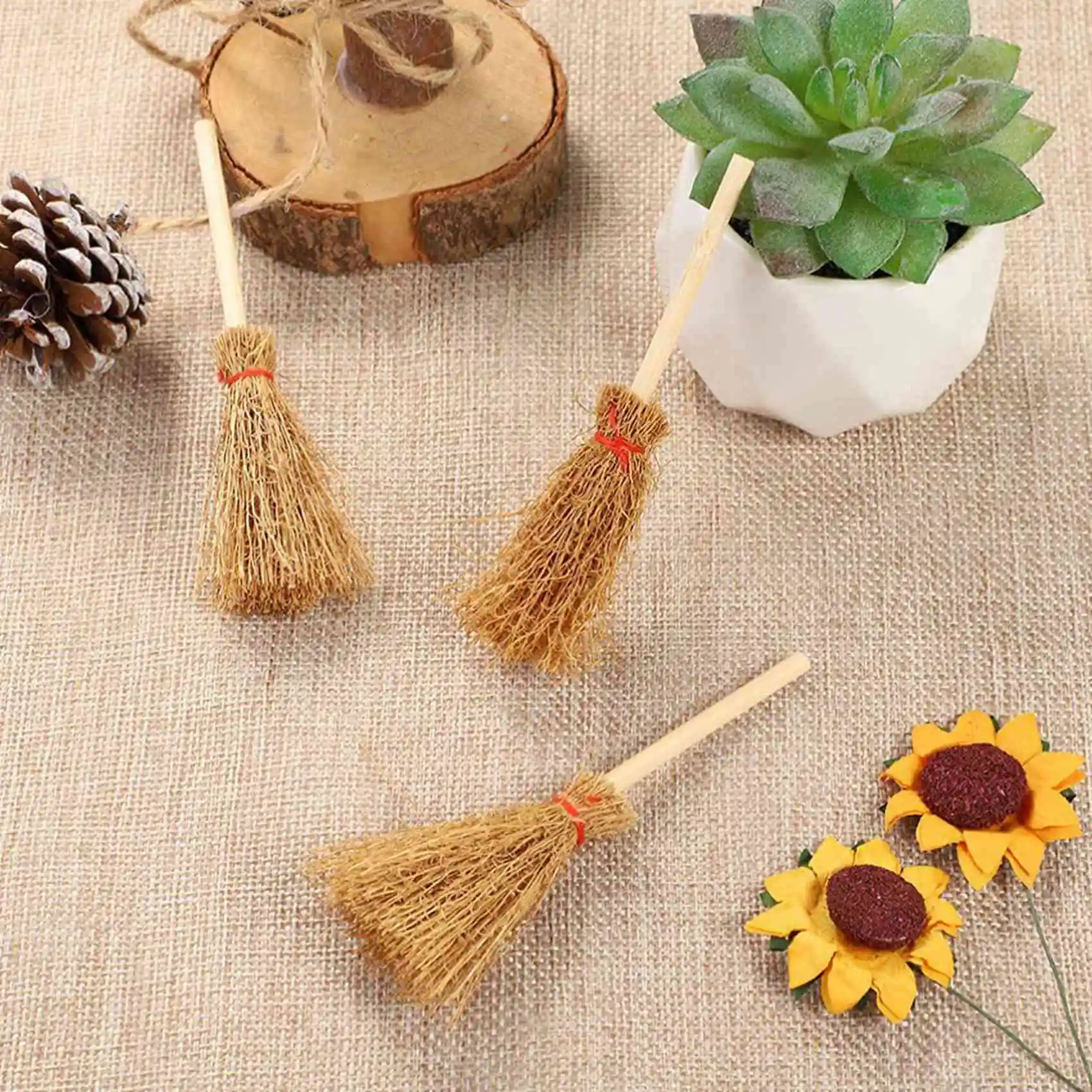 60Pcs Miniature Artificial Mini Straw Brooms with Red Ropes Halloween Straw Decoration Witches Decor Toy