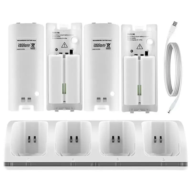 Baterías recargables de 2800mAh + cargador Quad 4, Kit de estación de acoplamiento para Nintendo Wii, mando a distancia Wii, cargador blanco