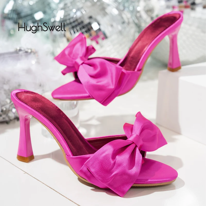 

Роскошные атласные шелковые босоножки-мулы с бантом, женские шикарные шлепанцы на высоком каблуке с острым носком, женские элегантные вечерние модельные туфли