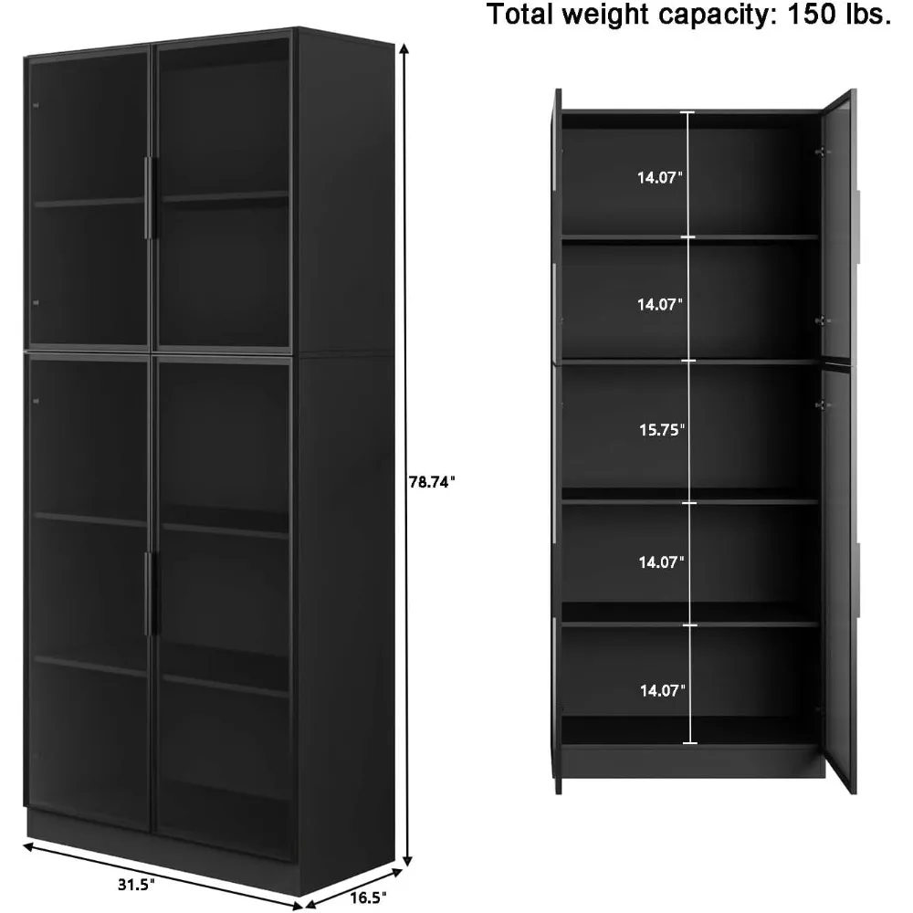 Bookcase with Glass Doors and LED Light, Black Curio Cabinets, Display Cabinet with 5-Tier Shelves, Trophy Glass Display Case fo