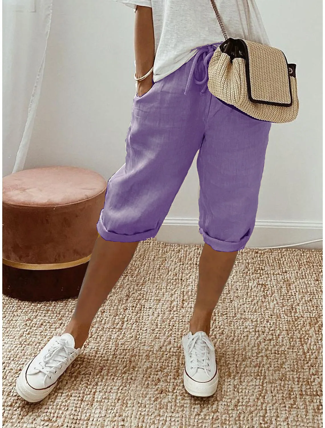 Women Cotton Linen Drawstring Elastic Loose Casual Summer Pants