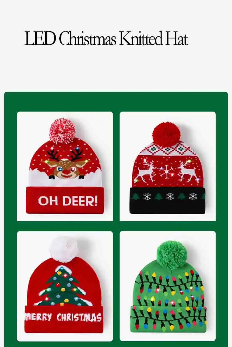 New LED Light Up Christmas Sweater Hat Xmas Knitted Unisex Winter Flashing Hat for Adults Kids Christmas New Year Party Decor