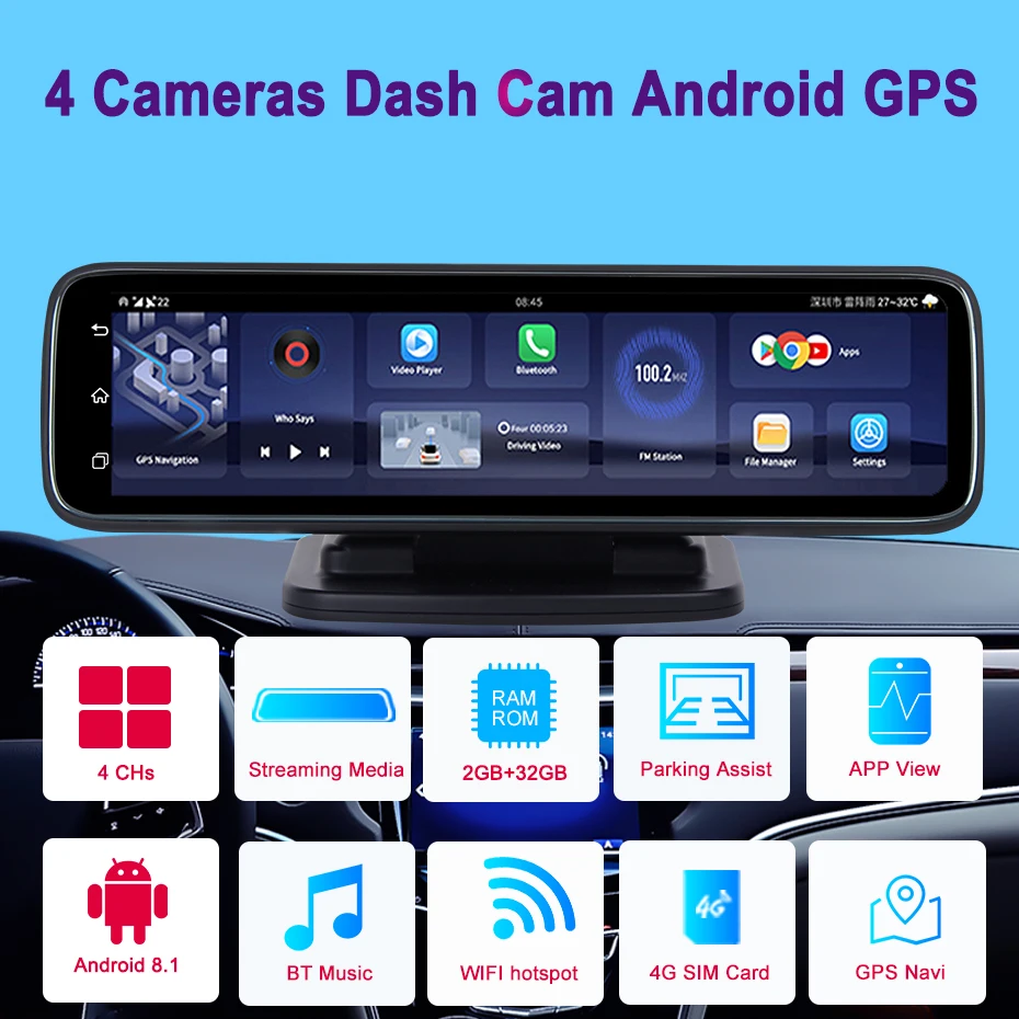 4 Cameras 4G Android 8.1 Dash Cam GPS Navigation All in HD 720P Car Video Recorder Dashboard DVR WiFi APP Live Remote Monitoring