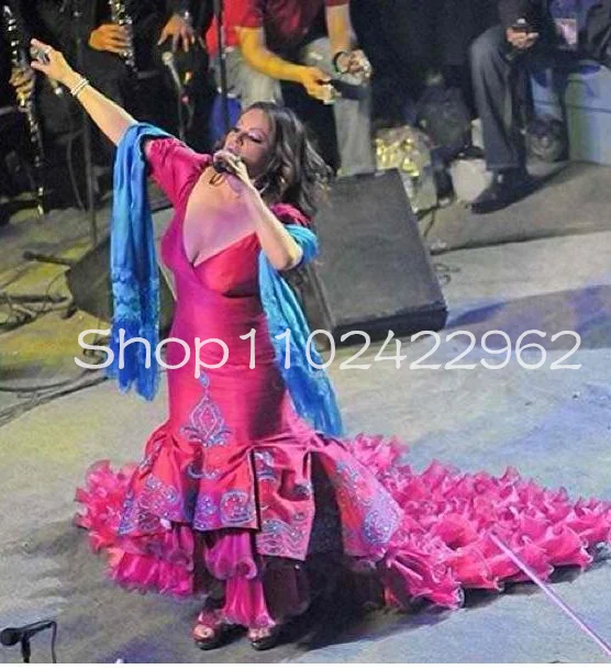 Fuchsia Mexican Charro Mermaid Prom Dresses Stain Organza Ruffles Long Train Embroidery Evening Gown Jenni Rivera outfit