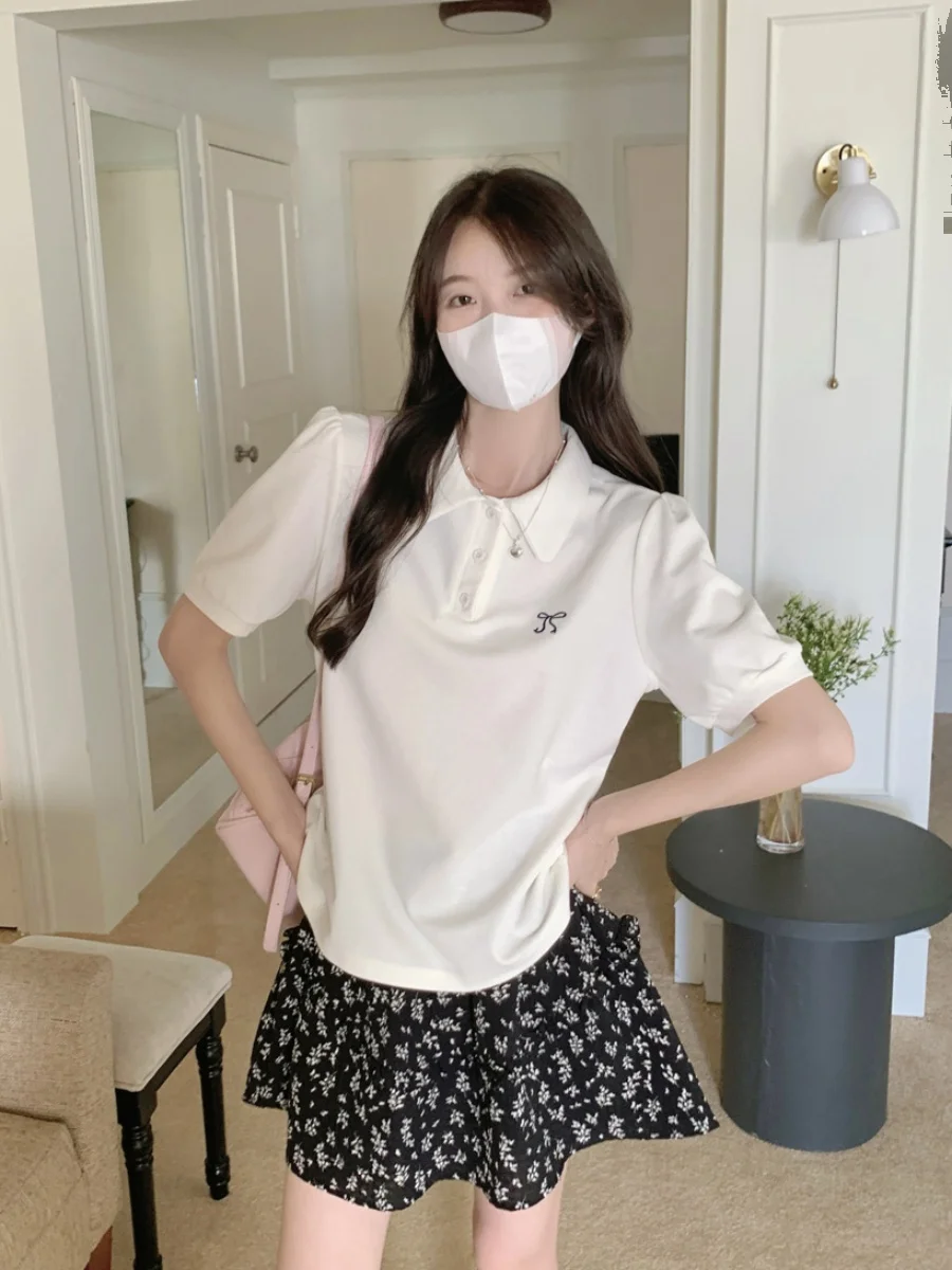 Retro Hong Kong Sle Chic f Sve T-shirt Dames Zomer Losse Knoop Borduren irt ort Sve Doll Kraag