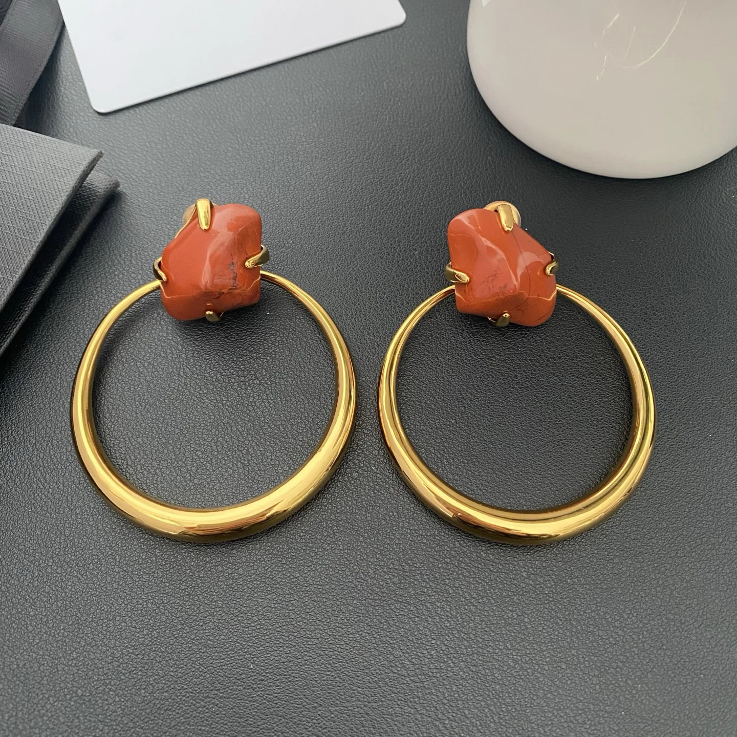 Europe American Brand Red Natural Stone Round Gold Earring Ear Clip Woman Luxury Jewelry - view 4