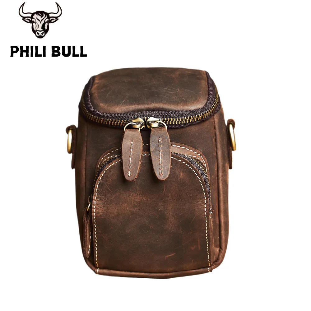 PHILI BULL Leather Men's Waist Bag Crazy Horse Leather Vintage Shoulder Bag Men's Crossbody Bag Casual Small Backpack