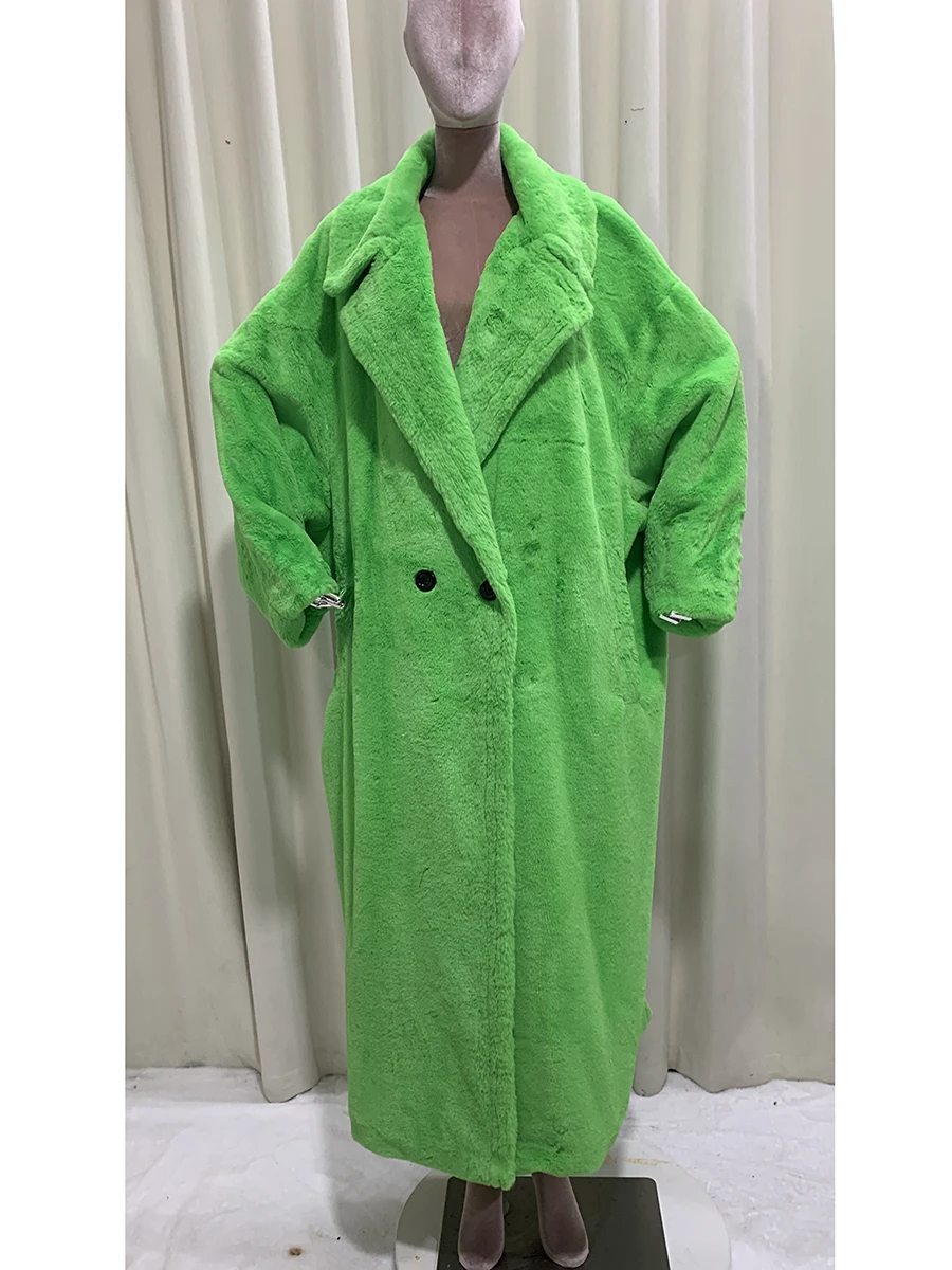 

Autumn Winter Oversized Extra Long Bright Green Warm Soft Faux Fur Coat Women Loose Casual Korean Fashion Fluffy Streetwear 2025