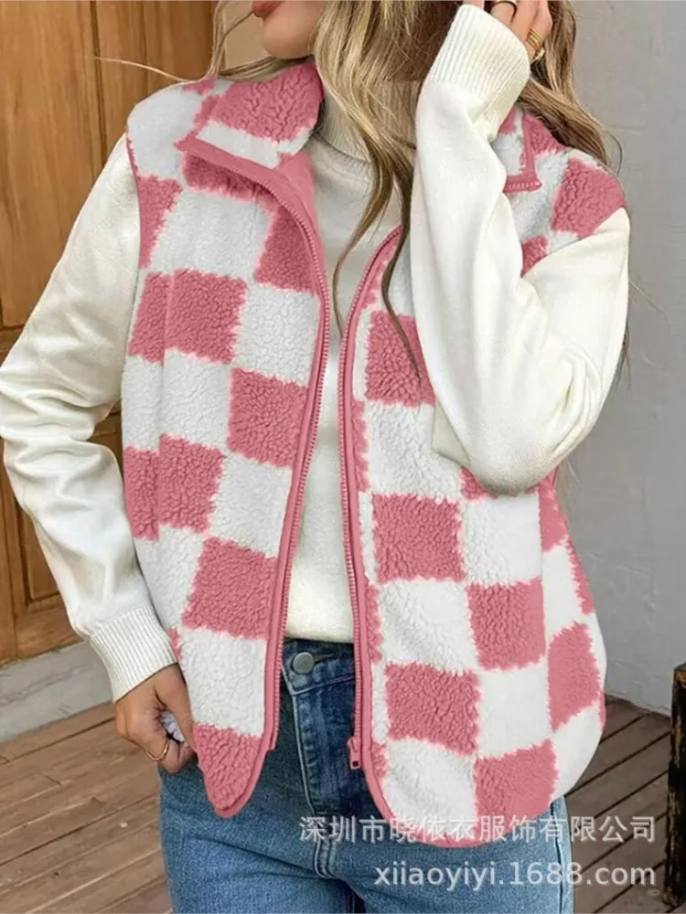 2025 여성 패션 플러시 루즈 스퀘어 체크 베스트 가을 겨울 캐주얼 지퍼 가디건 베스트 레트로 코트 여성용