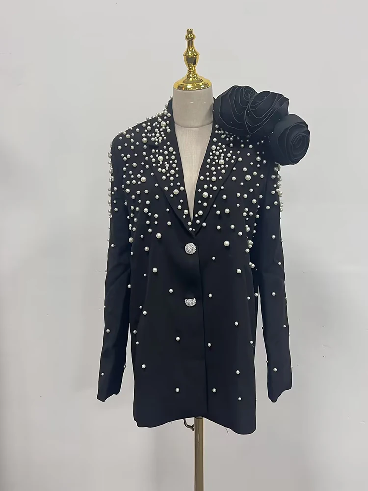 TWOTWINSTYLE Patchwork Appliques Elegant Blazers For Women Notched Collar Long Sleeve Spliced Pearls Temperament Coats Female