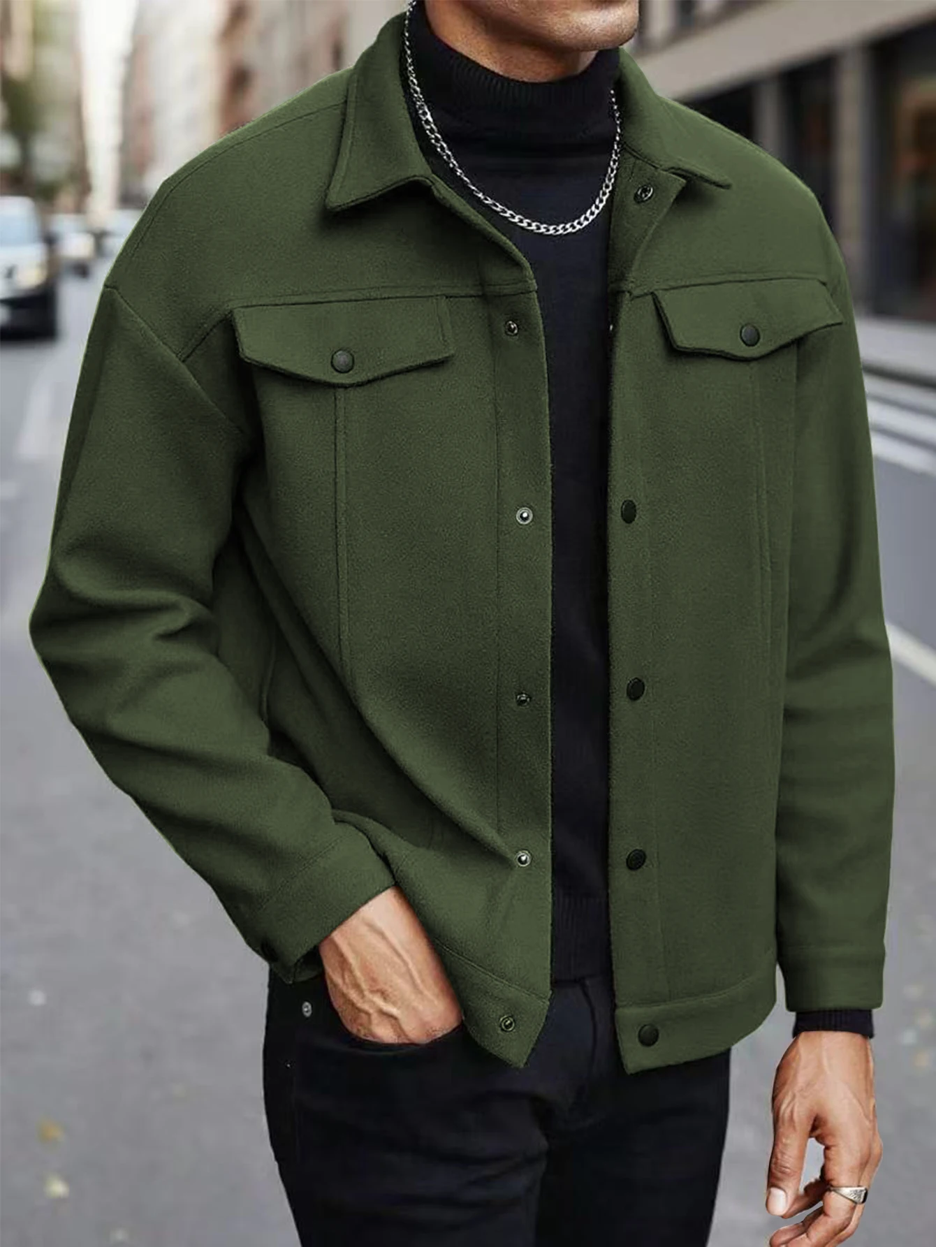 

Осень 2023, новая мужская шерстяная куртка, однотонная куртка, пальто с воротником и пуговицами, переднее пальто с откидным карманом