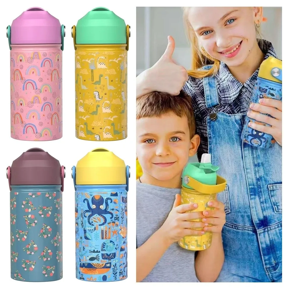 

Stainless Steel Children's Water Bottle With Lid Push-Pull Cap Vacuum Flask Leakproof Carrying Handle Thermal Mug Milk Container