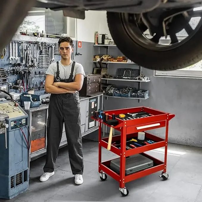 Utility Service Cart Tool on Wheels Heavy Duty Metal 4 Tiers Shelves with Drawers Tool Storage Organizer