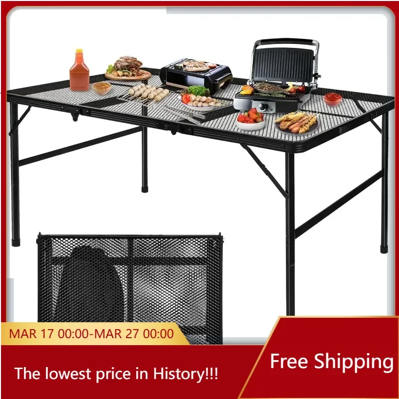 3-Fold Folding Camping Table with Mesh Desktop, Lightweight & Portable Foldable Table, Height Adjustable Grill Table for Picnic