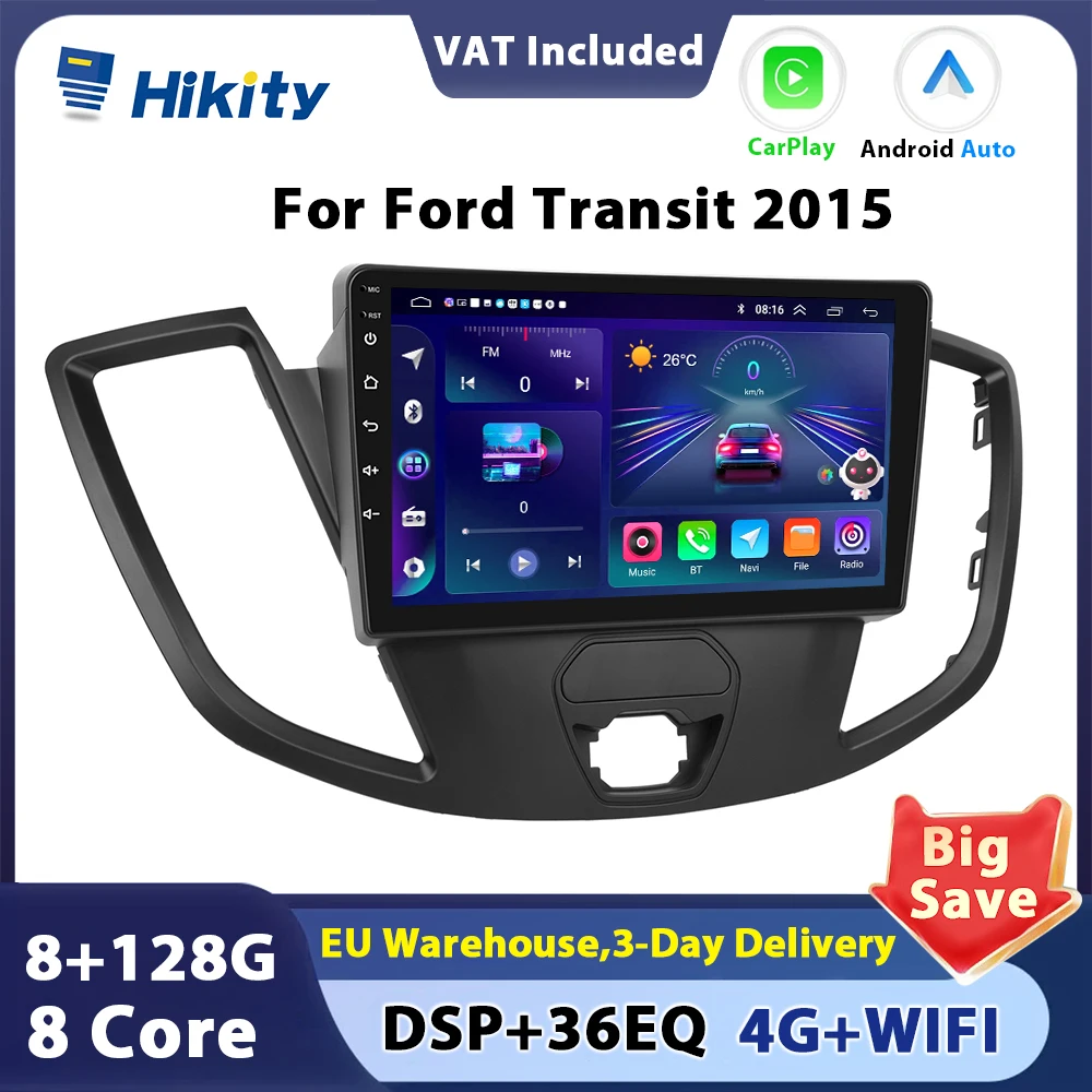 Hikity For Ford Transit 2015 Android 2 din Car Radio GPS WiFi Auto Stereo Radio Carplay Android Auto Navigation DSP autoradio