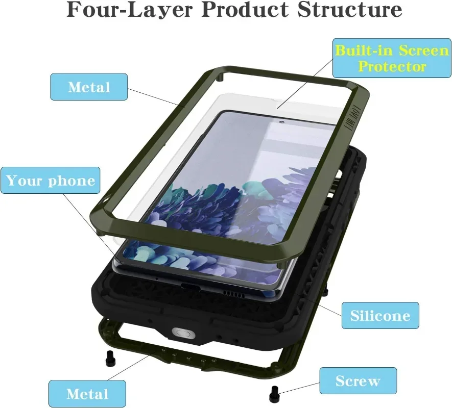 LOVE MEI Heavy Duty Military Rugged Metal Case For Samsung S23 S22 Ultra S21 Plus S20 FE Full Cover with Tempered Glass Screen
