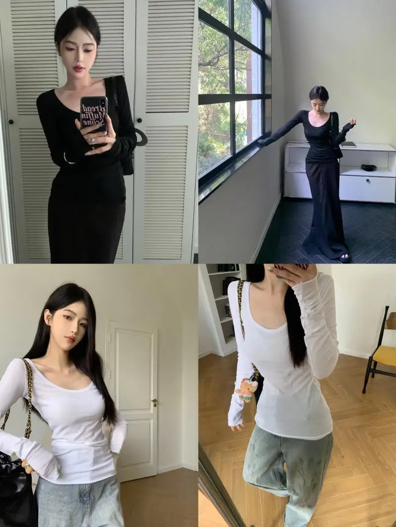 تي شيرت نسائي بأكمام طويلة ملابس علوية من القطن غير رسمية بقصة ضيقة من نسيج مريح أنيق مرقع للخريف اليومي ملابس مكتبية للتنقل في الشارع