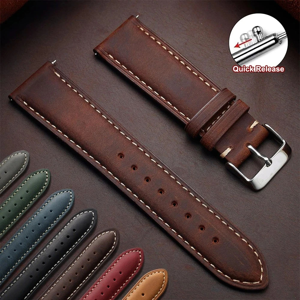 Bracelet de montre en cuir de veau véritable, 18mm, 20mm, 22mm, ceinture de remplacement, marron vintage, à dégagement rapide, pour hommes et femmes