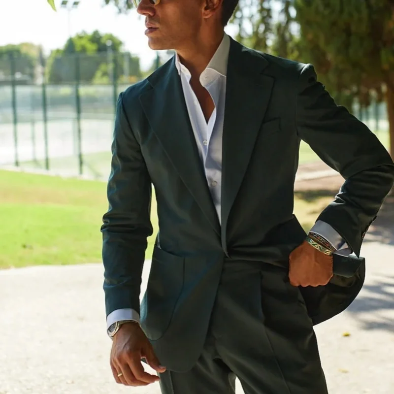 

Fashion Men Suits Two Piece Peak Lapel Double Breasted Green Blazer with White Pants Elegant Business Casual Office Male Suit