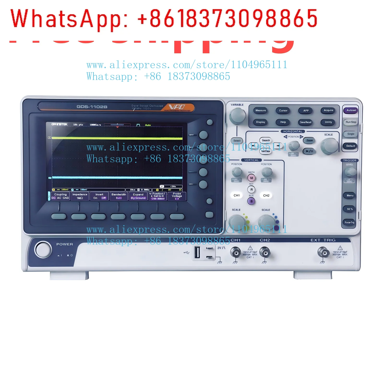 GDS1102B 100MHz Dual-Channel Digital Storage Oscilloscope with 7-inch WXGA Monitor