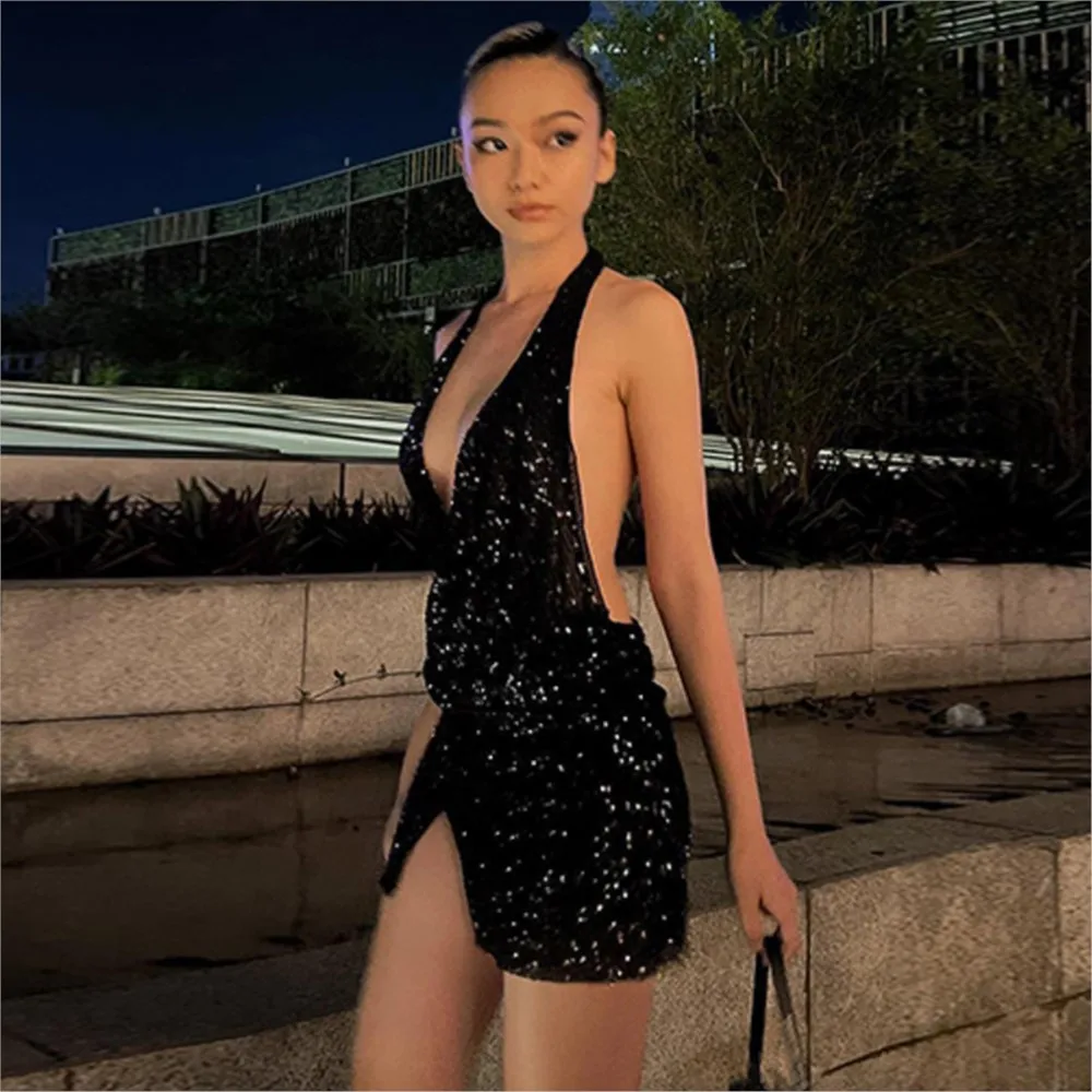 2026 Sleeveless Dresses For Ladies Backless Evening Dress Mini vestidos Hot Girl Style Sexy Neck Halter Sequin Slit Fashion Slim