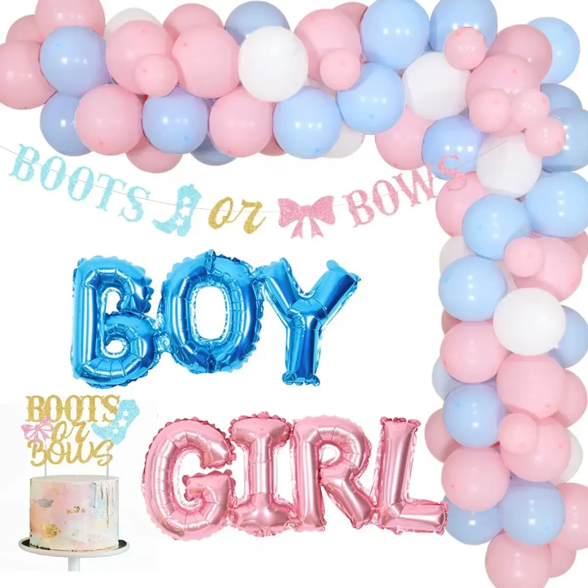 

CHEEREVEAL Boy Girl Gender Reveal Party Decorations Boots or Bows Balloon Garland Arch Kit Banner Cake Topper Baby Shower Party