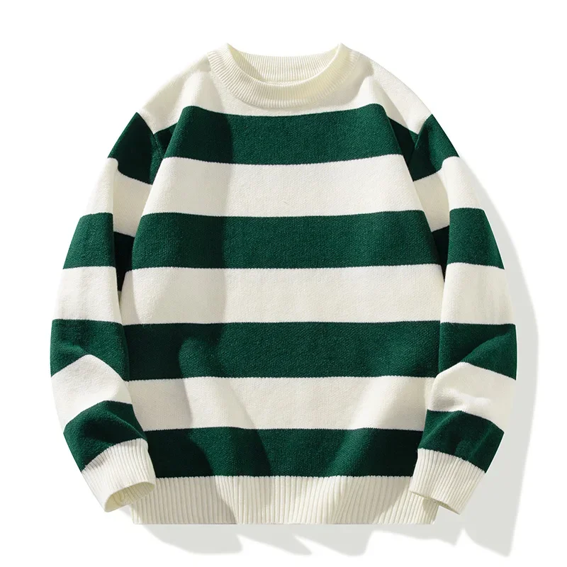 Autumn Winter Fashion Green Stripe Sweater Men Patchwork Knit Pullovers Korean Casual Sweaters Loose Mens Warm Pullover Knitwear