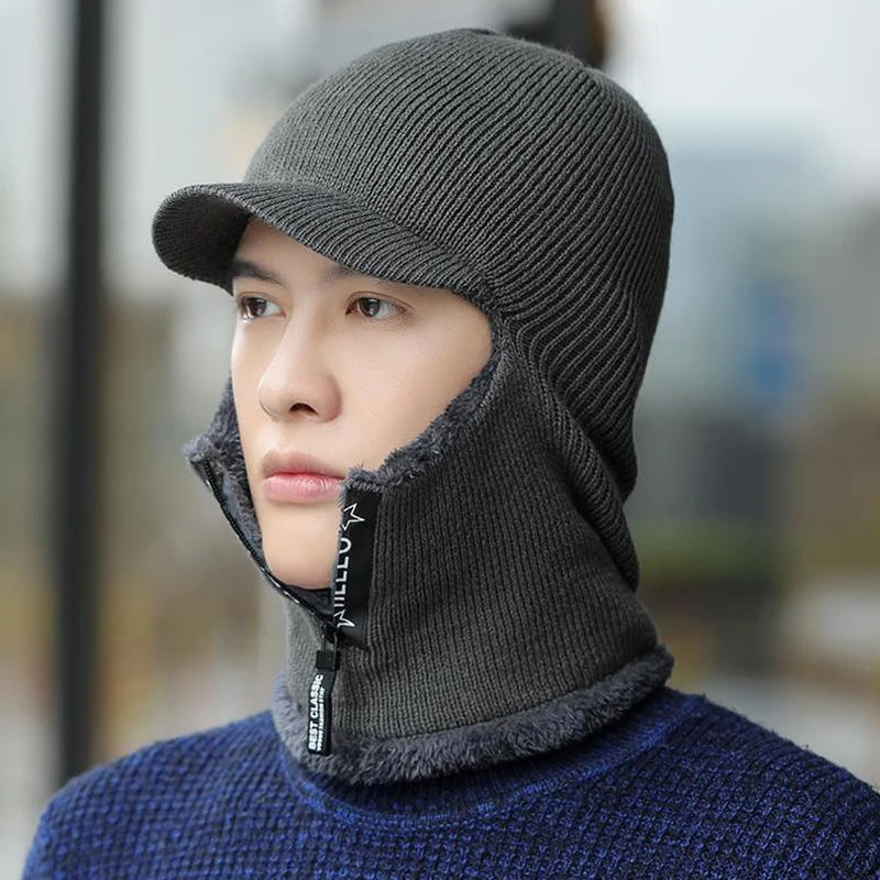 New Men Winter Warm Wool Hat Outdoor Ear Protection Hats Warm Thick Cycling Knitted Cap Scarf Windproof Cap Neckwarmer Cap