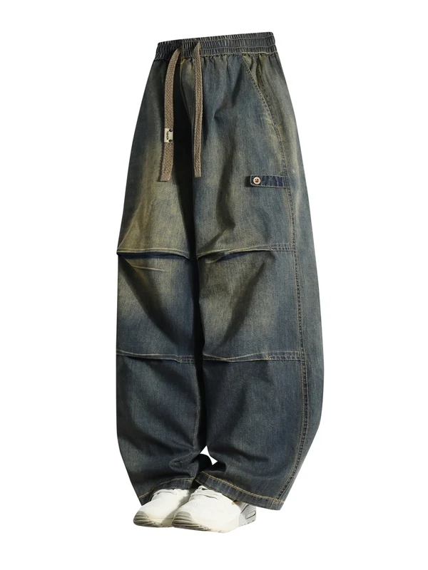 

Cool American Retro Workwear Jeans Men's Hong Kong Style New Spring Wide Leg Loose Straight Black Pants Youth Trend Cotton Blend