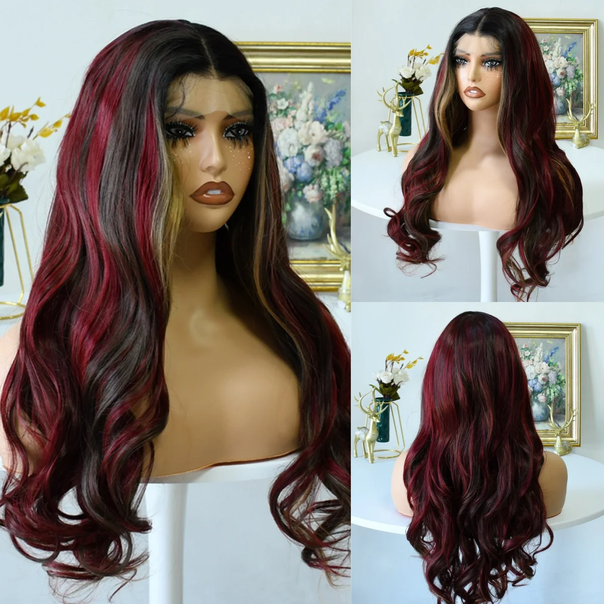 أسود شقراء شعر مستعار أحمر الجسم موجة الدانتيل الباروكات الأمامية 13X4 HD الدانتيل الباروكة الاصطناعية عالية الجودة مقاومة للحرارة ملابس الحفلات اليومية تأثيري
