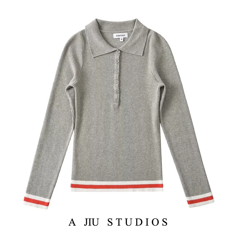 

Spring Autumn ey Ne Knitwear Women's Slim Fit Striped Color Blo Base irt American College Sle Street Faion