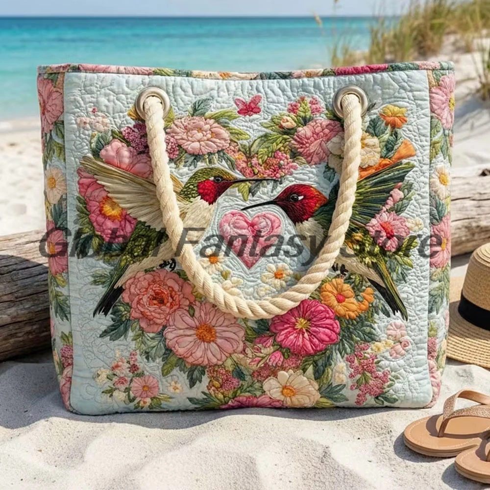Love Hummingbird Quilted Beach Bag Floral Heart Print Shoulder Bag Men Women Daily Handbag Shopping Tote