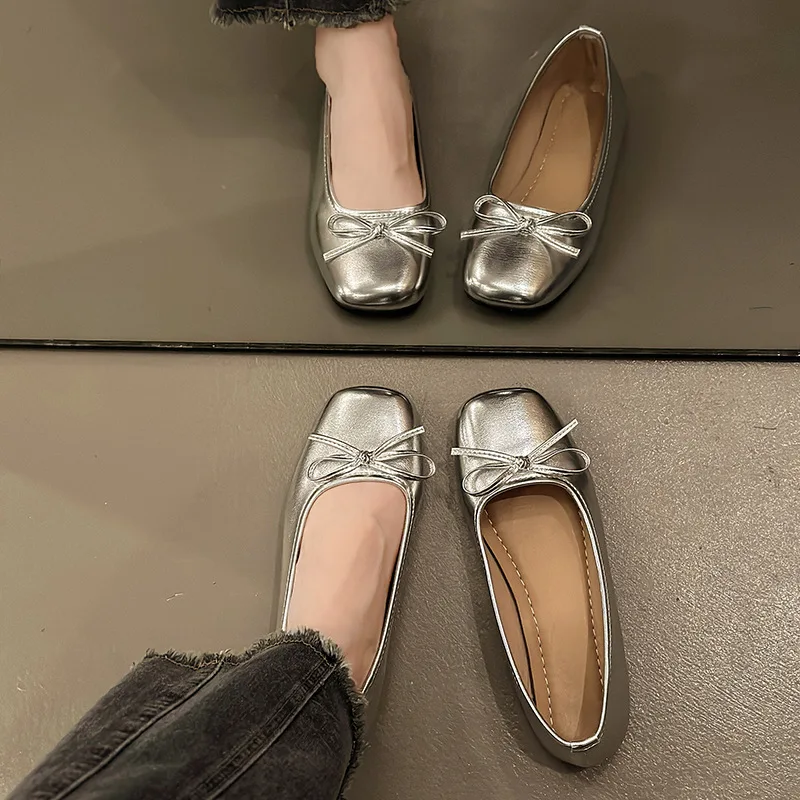 Kobiety Retro Gentle Bowknot Flat Shoes Fashion Elegant Blue Sliver Square Toe Slip on Spring Autumn Dress Loafer Casual Shoes