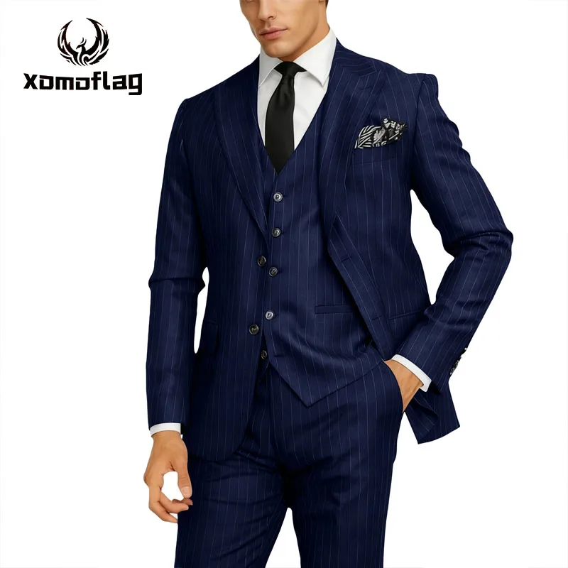

Navy Blue Stripe Men's Suit 3-Piece Set Wedding Formal Jacket Vest Pants For Party Classic Occasion Clothing Elegant