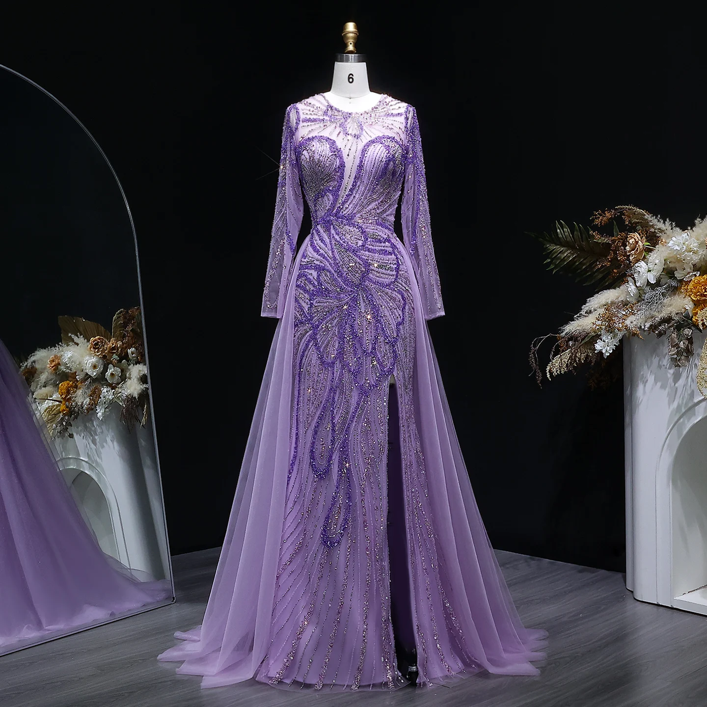 Sharon Said Dubai Luxuriöses Flieder-Abendkleid mit hohem Seitenschlitz, Weinrot, Grün, Damen-Abendkleider SS160, individuell anpassbar – Detail 5
