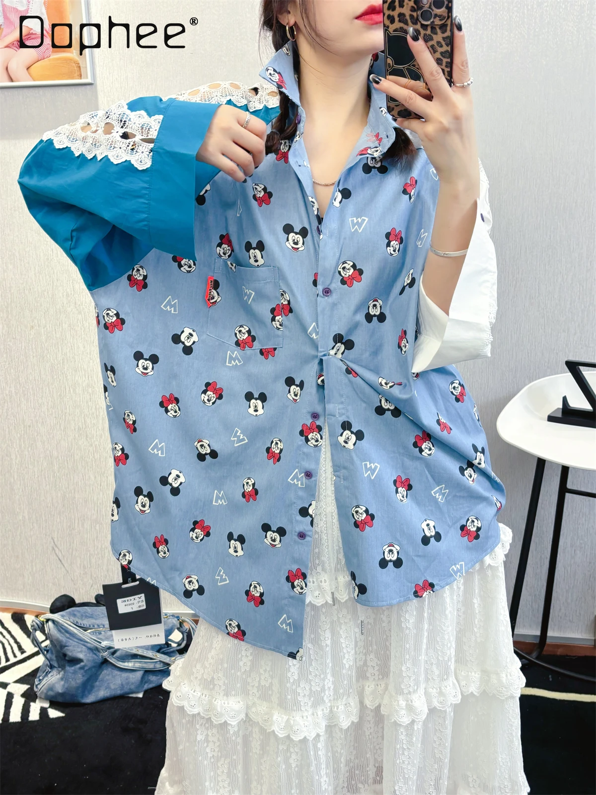 

Women Shirt Lace Patchwork Long Sleeve Breathable Cartoon Print Shirt Top Spring Summer Loose Mid-Length Oversized Shirts