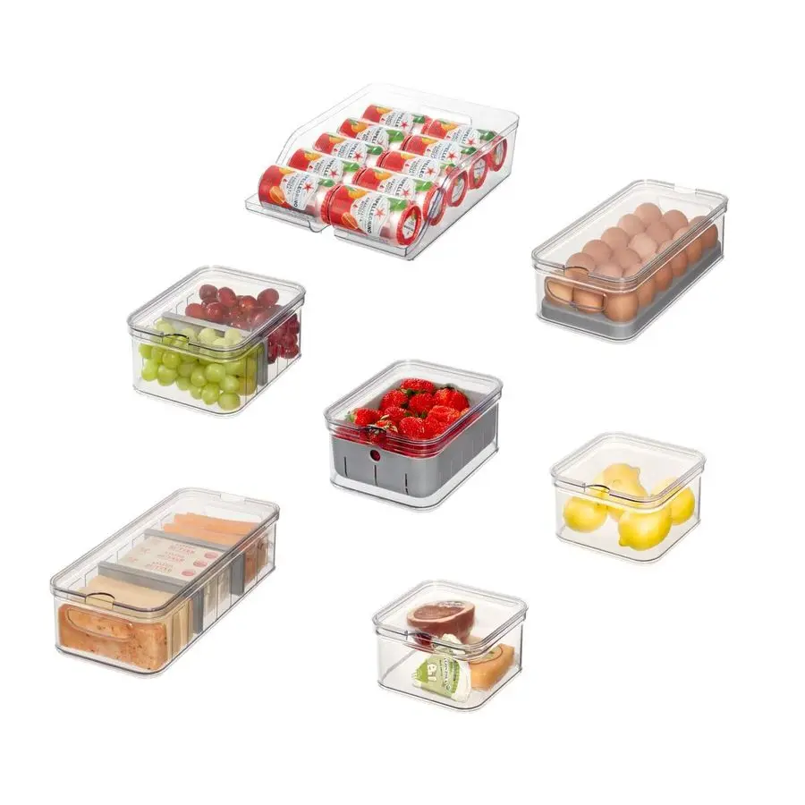 

Crisp 7Piece Recycled Plastic Refrigerator Organizer Bin Set with Lids, Clear Gray