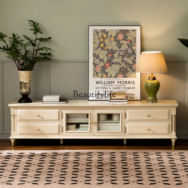 

French Style Solid Wood TV Cabinet Cream White Retro Solid Wood Ash Light Luxury American Floor Cabinet