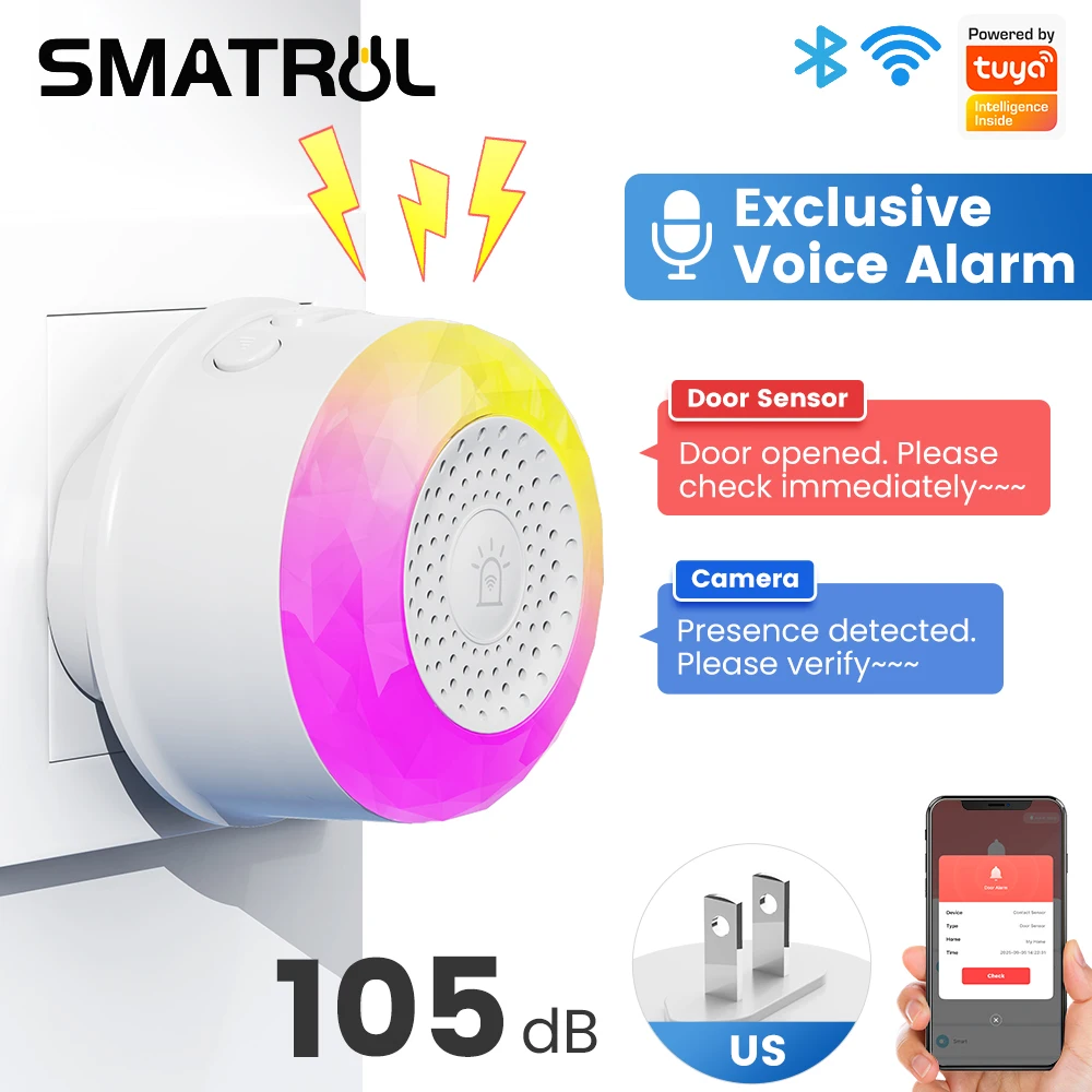 SMATRUL Tuya WiFi Sound And Light Alarm Sensor With EU US UK Plug For Smart Life App Control Door/Window  Sensor Camera Soil