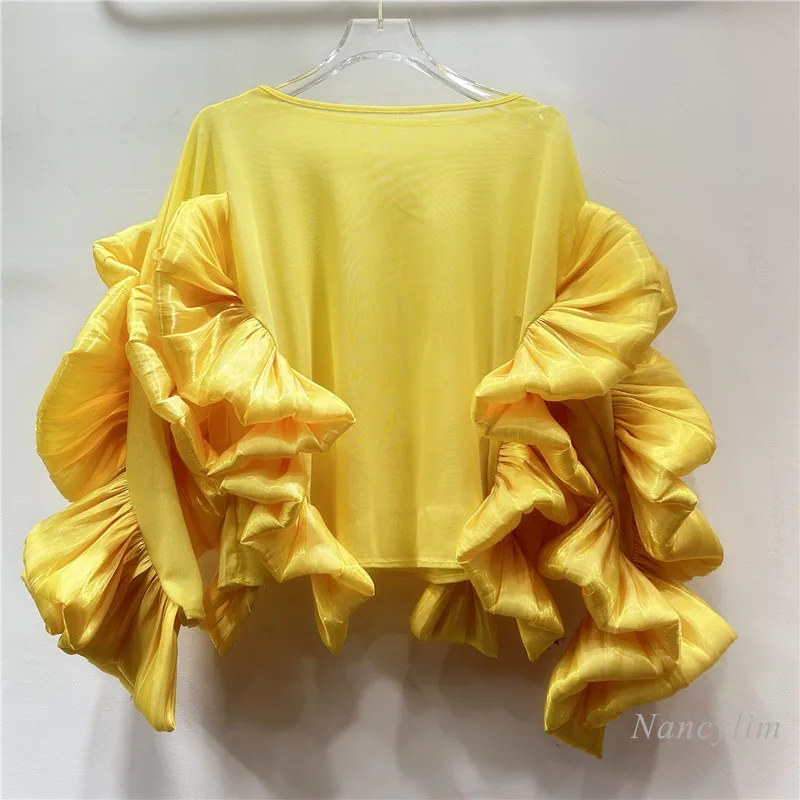New Large Ruffles Blouse Women European and American Temperament Round Neck Ruffle Edge Loose Long-sleeved Shirt Irregular Top