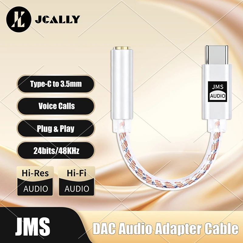 JCALLY JMS USB-C to 3.5mm Headphone Adapter 24bits/48KHz DAC Chip HiFi Stereo Aux Dongle Support Call Mic Gaming Live Streaming