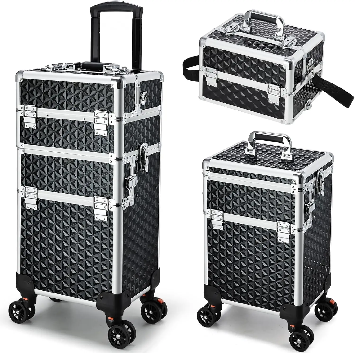 

Professional Rolling Makeup Case, 3-in-1 Train Case on Wheels, Large Trolley for Salon Barber Traveling Trunk, Black