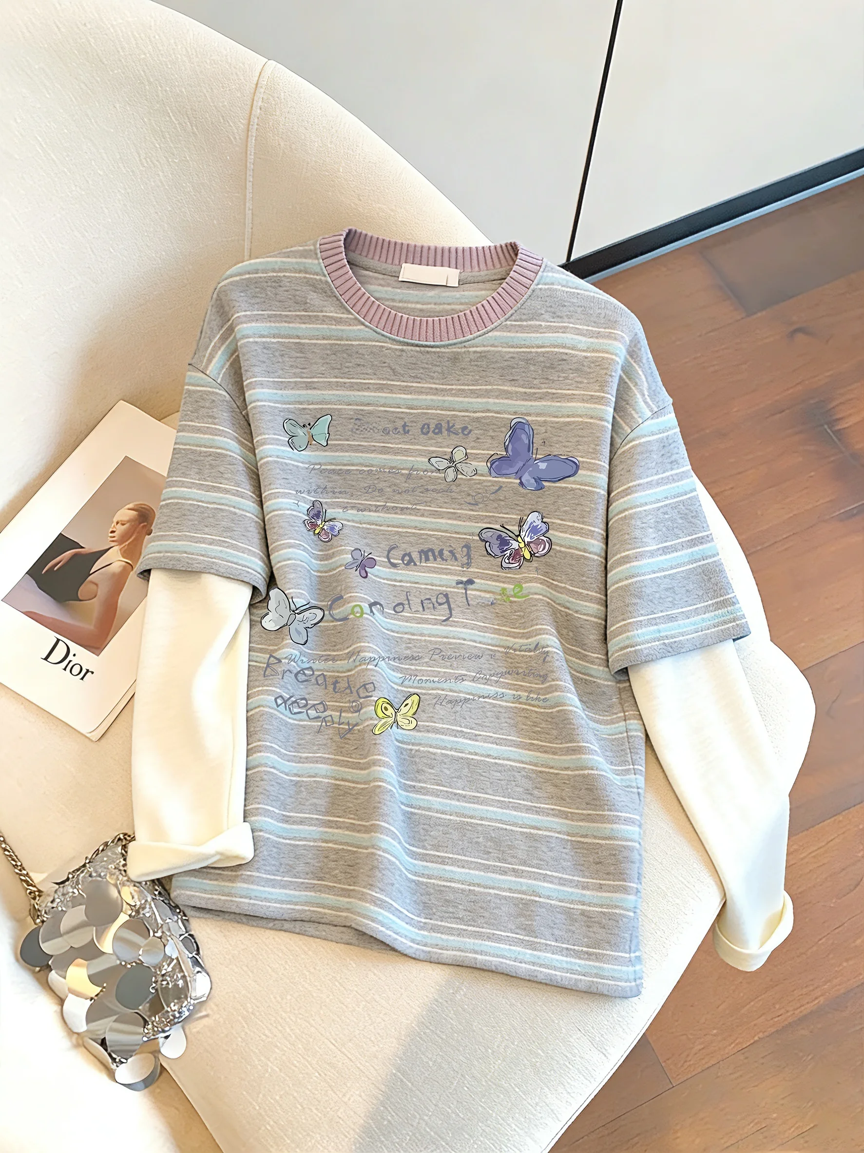 

Retro Splicing Stripe Long Sleeve T-Shirt Unisex Spring Autumn Slimming Casual Creative Print Fashionable Top for Youth