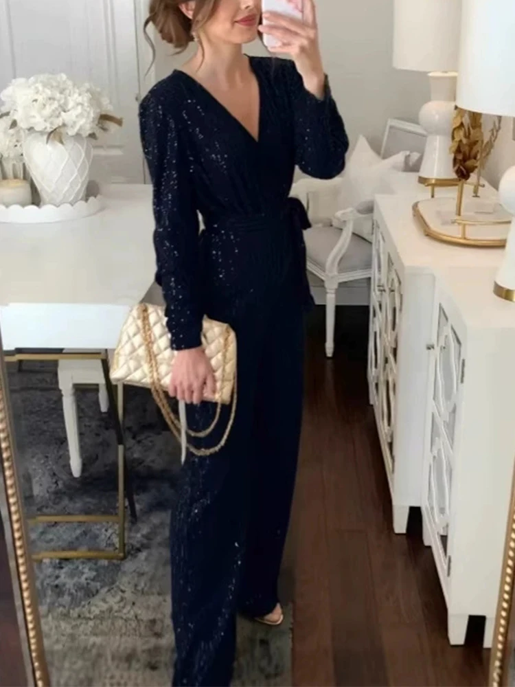 

Early spring new fashionable casual women's bead V-neck lace up waist jumpsuit wide leg pants long sleeved sequined jumpsuit