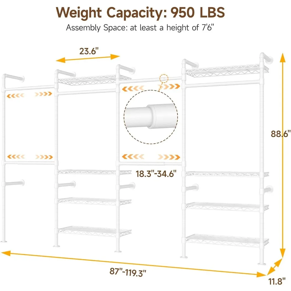 نظام خزانة الأنابيب القابلة للتوسيع شديدة التحمل على الطراز الصناعي لتعليق الملابس - منظم رف الملابس المثبت على الحائط
