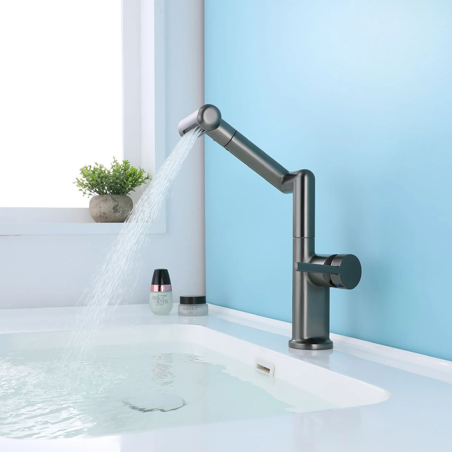 

One Handle Basin Sink Faucet Deck Mounted Three Modes Bathroom Folding Sink Faucet 1 Hole Lavatory Hot and Cold Mxier Taps Gray