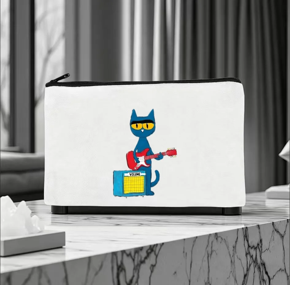 1PC Cartoon Rock Blue Cat Red Electric Guitar Volume Amp Canvas Cosmetic Bag Double Sided Portable Travel Zipper Pouch