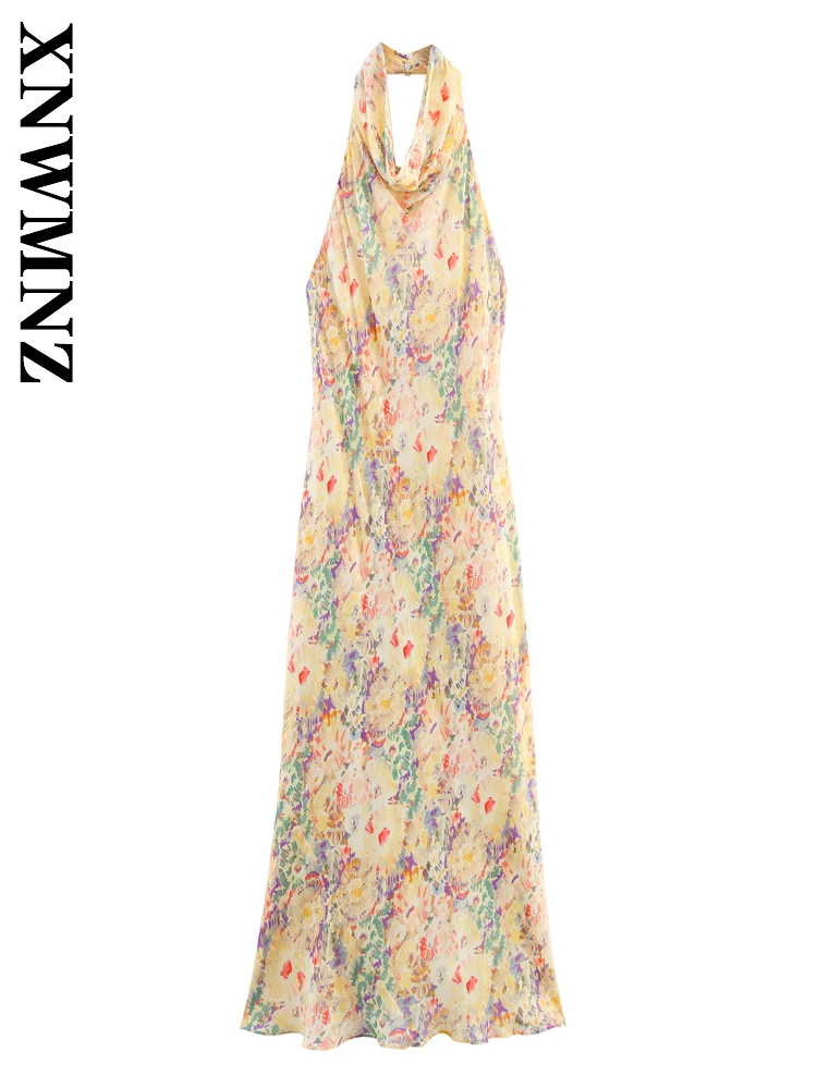 XNWMNZ 2025 ฤดูร้อนใหม่ Lady Chic Boho Halter ชุดเดรสยาววันหยุดเซ็กซี่ผู้หญิงเสื้อผ้าแฟชั่น Backless ชุดดอกไม้